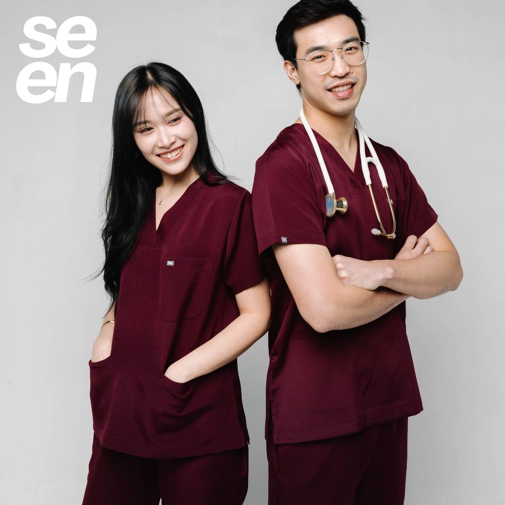 ชุดสครับ เสื้อสครับ Unisex สี Burgundy รุ่น Comfort