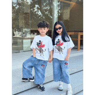 กางเกงเด็ก กางเกงยีนส์เอวยืดปักZebra สียีนส์ฟอก #6238