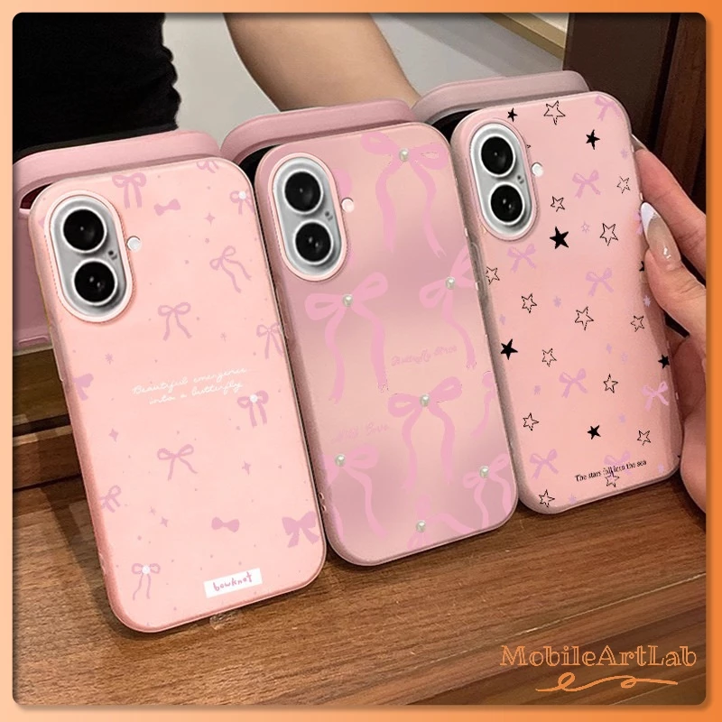 เคสไอโฟน15 สำหรับ IPhone 11 17 15 16 13 12 14 Pro Max 8 7 16 15 14 12 Plus XR X XS เคส TPU Bowkbot น่ารักโรแมนติกสีชมพู