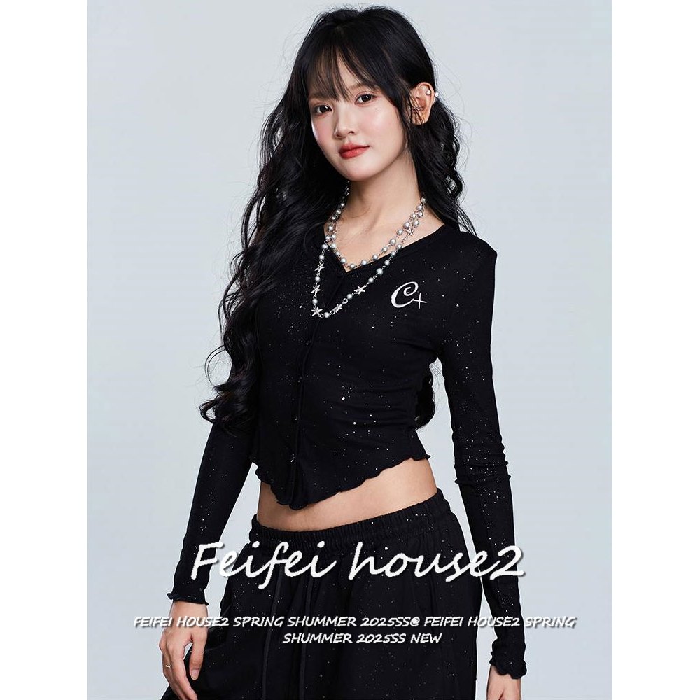 [Women's shimmering pattern top]ผู้หญิงดีไซน์ลายระยิบระยับและขอบระบายเสื้อยืดแขนยาวลำลองสำหรับ