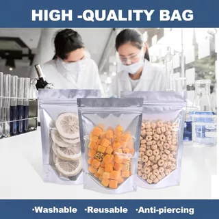 ส่งฟรี ถุงฟอยล์หน้าใสหลังทึบสีเงิน ถุงอลูมิเนียมซิปล็อค แพก50ใบ