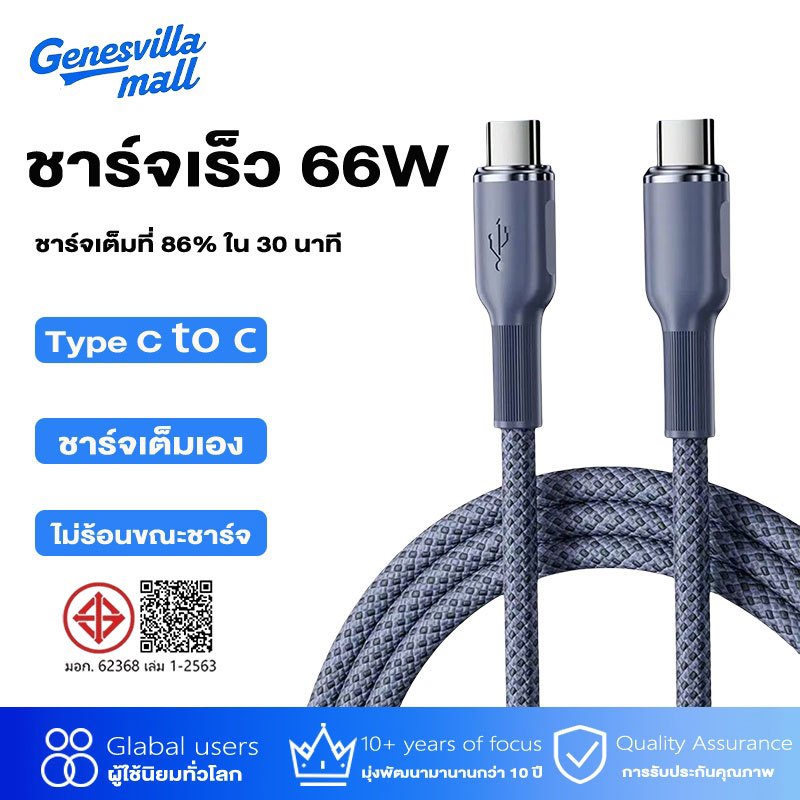 GenesVilla PD 66W สดใสอุปกรณ์ชาร์จสายชาร์จเร็ว Type C to Type-C สำหรับ Fast charging cable charger