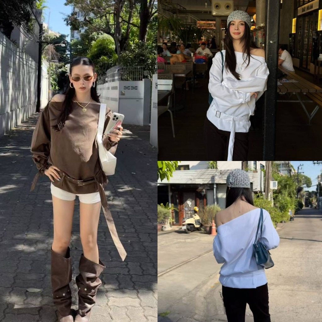 ส่งด่วน 🛵 #26C061 MMFISH เสื้อปาดไหล่แขนยาว เพิ่มดีเทลแต่งช่วงเอวเข็มขัดผ้า