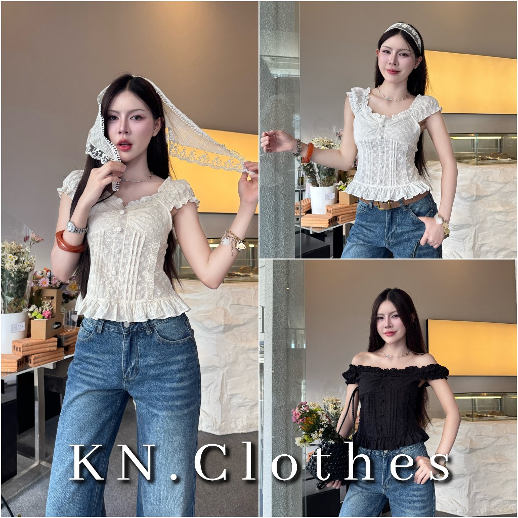 Florea top : เสื้อแขนตุ๊กตา เย็บจีบหน้าอก ตีเกล็ดหน้าเข้ารูป แต่งกระดุมปั้ม ผ้าปักลายดอกไม้ KN.Clothes