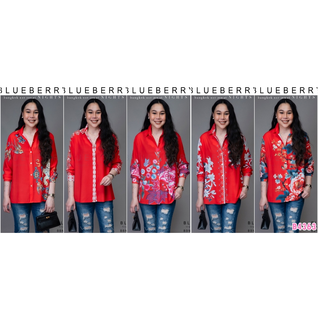 (อก44) B4363 BLUEBERRY NIGHTS เสื้อเชิ้ตแขนยาว ผ้าโพลีเอสเตอร์ผสมชีฟองพิมพ์ลายทั้งตัว ปลายแขนเชิ้ตติดกระดุม