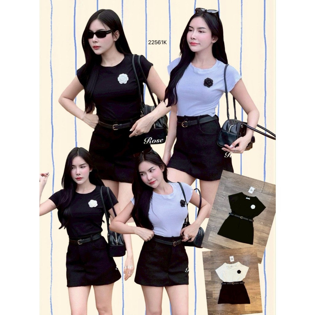 𝐒𝐄𝐓 4 ชิ้น เสื้อแขนสั้น + กระโปรงกางเกง +เข็มกลัดกับเข็มขัด .. TW22961  TwinsShopVip💗พร้อมส่ง