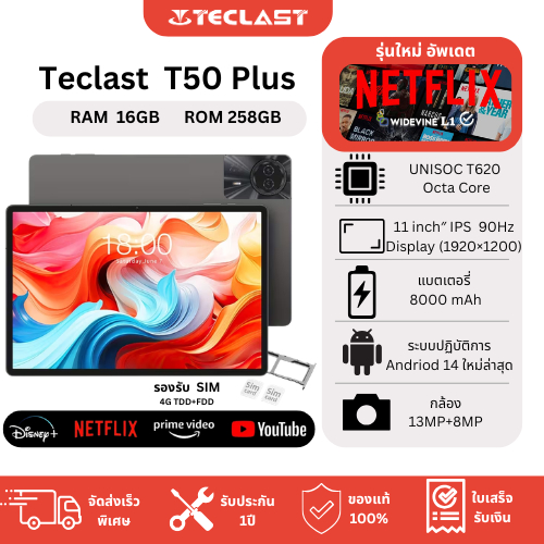 [ส่งด่วน] TECLAST T50 Plus (16GB+256GB) Android 14 จอ 11" แท็บเล็ตเรียน/เล่นเกม ประกันศูนย์ 1 ปี