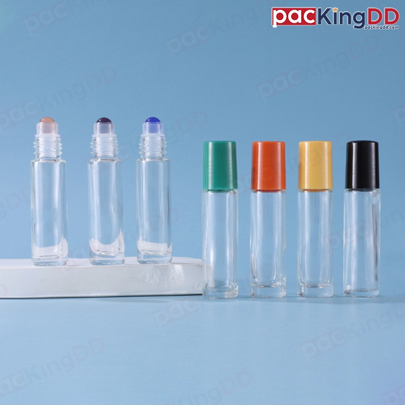 (แพ็ค 10 ชิ้น) ขวดแก้วใส ลูกกลิ้งพลาสติก 10 ml. ฝา 7 สี #P439 ขวดน้ํามันหอมระเหย ขวดน้ำหอม เปล่า Pac