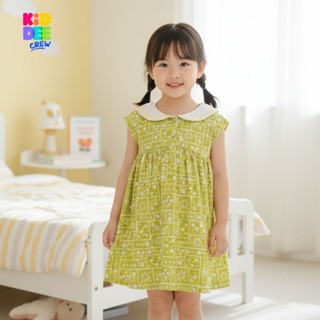 KiddeeCrew ชุดกระโปรงเด็กหญิง ลายดอกโทนสีเขียวสดใส  ปกคอบัว …