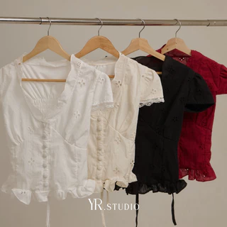 PETTIES BLOSSOM TOP(Pre-เหลือง,ชมพู)เสื้อคอวีแต่งลายหยัก ตรงช่วงอก เนื้อผ้าคอตตอลแต่งงฉลุมีซับใน มีเชือกปรับให้ดูเอวคอด