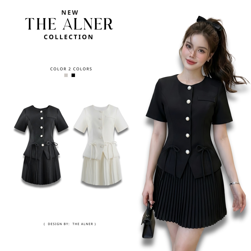 Thealner-AN772  เซตเสื้อแขนสั้นแต่งกระดุมมุก+กระโปรงจีบรอบ