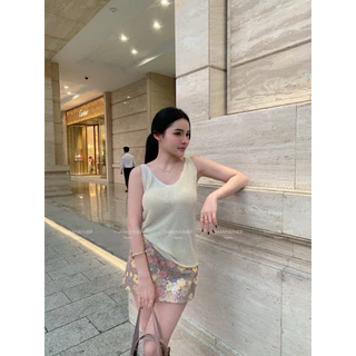 ชุดเซท 2 ชิ้น เสื้อกล้ามไหมพรมปักเพชร กระโปรงกางเกง ผ้าวิ้งๆลายดอก