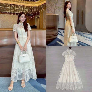 Si-am ชุดเดรสกระโปรงยาว ผ้าลูกไม้อย่างดี ทรงสวย ใส่สบาย คอจีน แต่งโบว์น่ารัก แขนสั้น เนื้อผ้าสวย สีชัดเจน ไซส์ S-4XL