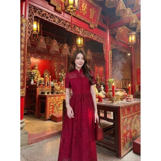 Si-am ชุดเดรสกระโปรงยาว ผ้าลูกไม้อย่างดี ทรงสวย ใส่สบาย คอจีน แต่งโบว์น่ารัก แขนสั้น เนื้อผ้าสวย สีชัดเจน ไซส์ S-4XL