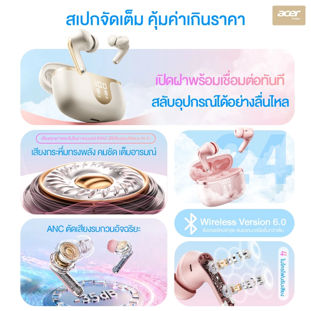 Acer OHR721 หูฟัง TWS Bluetooth ANC/ENC ตัดเสียงรบกวน thumbnail 9