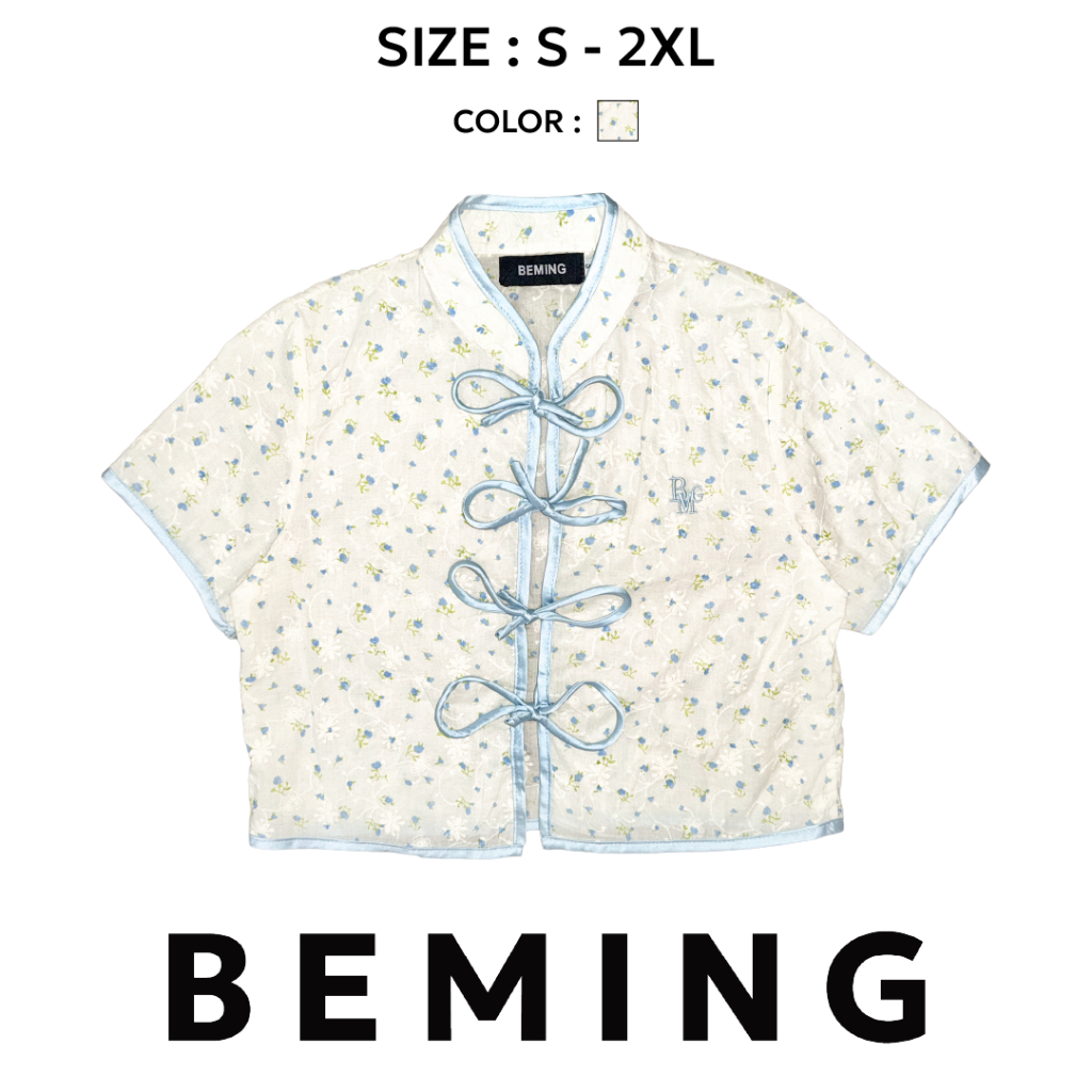Bemingtop1133(S-2XL)-Blossom Bow Top - เสื้อครอปสไตล์ตรุษจีน ดีไซน์ลายดอกไม้โทนพาสเทล