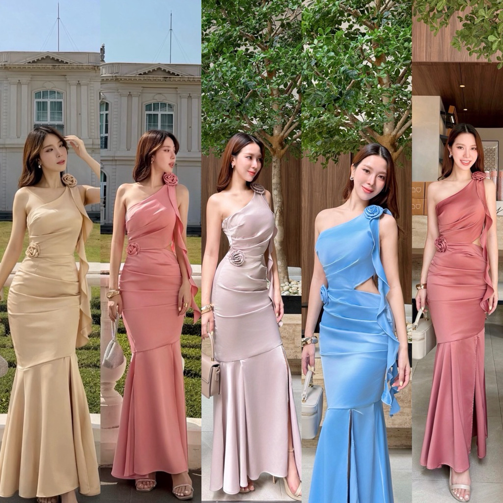 [STYLISTA] เดรสยาวทรง Mermaid ปาดไหล่ข้างเดียวสุดเก๋ ตกแต่งด้วยดอกกุหลาบผ้าบนสายไหล่และช่วงเอว