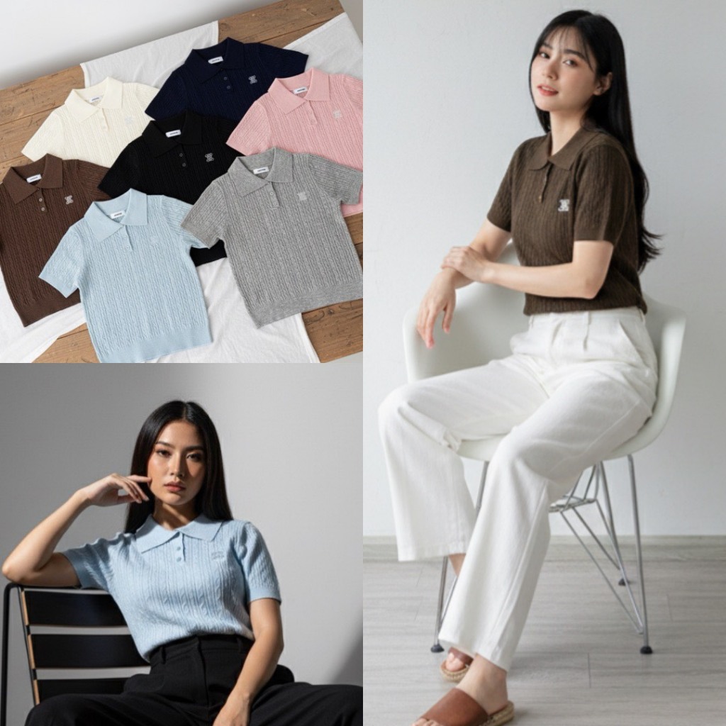 BEARRY POP เสื้อโปโล ไหมพรหมสีพื้นปักลายตรงหน้าอก