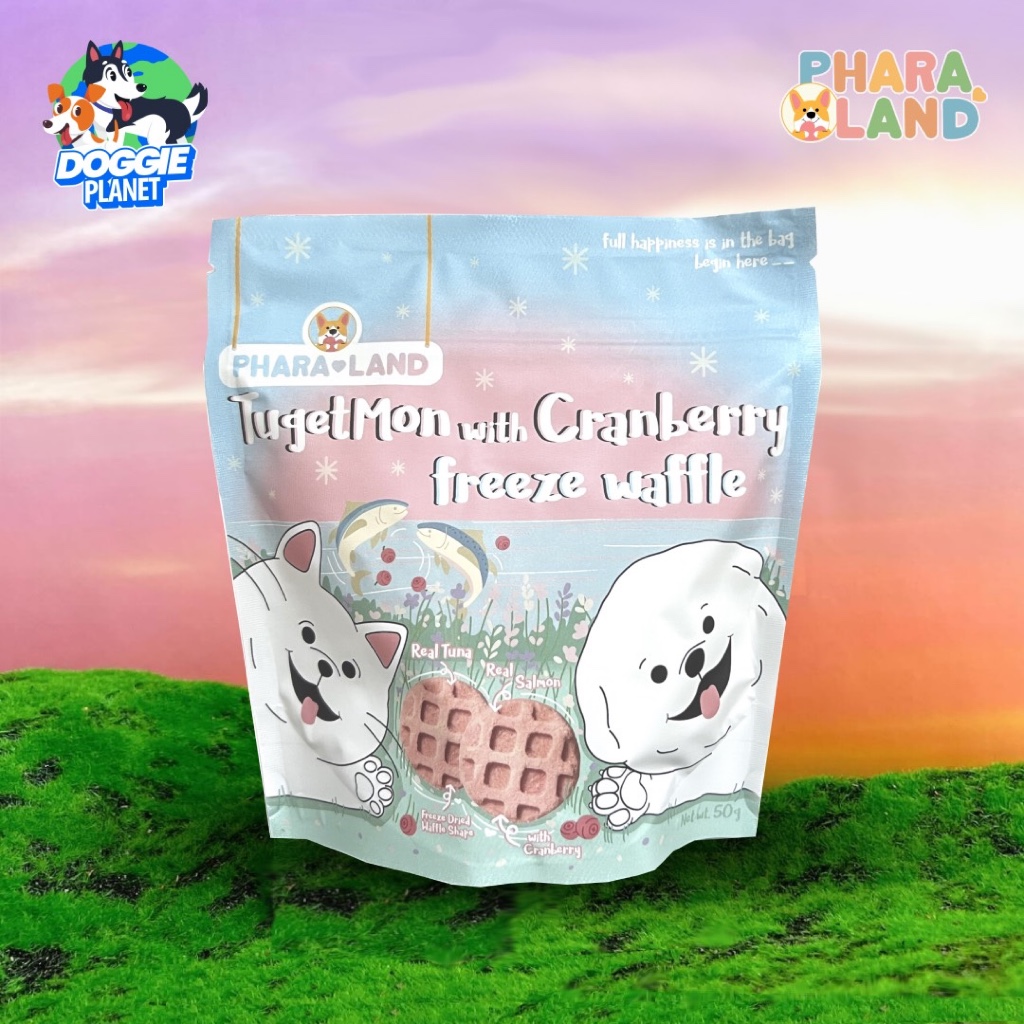 PharaLand Tugetmon Cranberry Waffle ขนมสุนัขและแมว ทูน่า แซลมอน แครนเบอร์รี่ วาฟเฟิล ฟรีซดราย 50 ก.