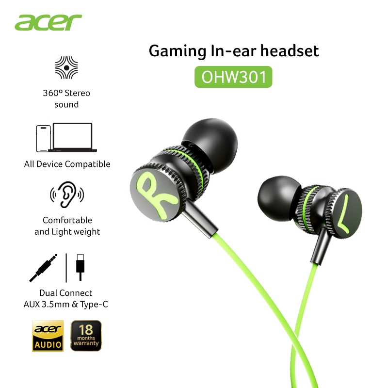 Acer OHW301 หูฟังเกมมิ่ง หูฟังมีสาย เล่นเกมไม่มีดีเลย์ เสียงStereo360 เบสหนักแน่น พร้อมไมโครโฟน