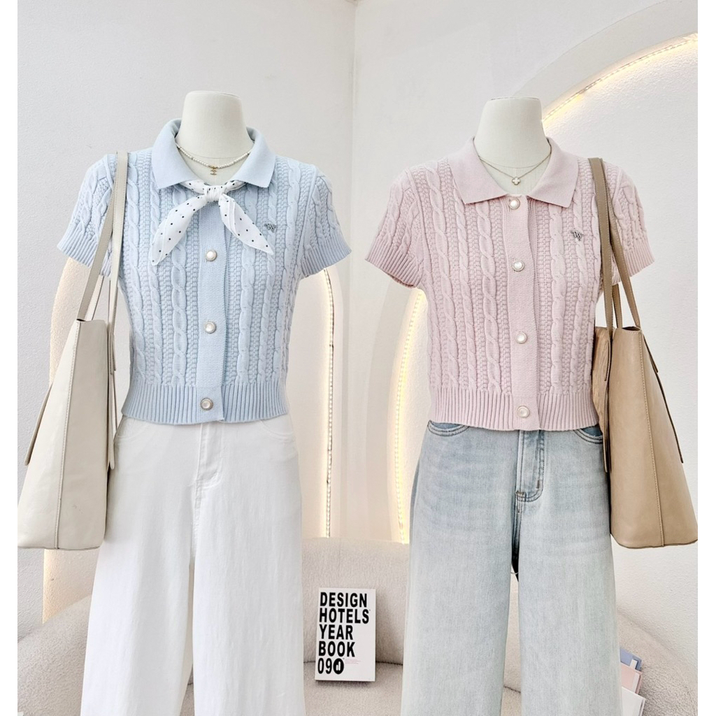 WA YA เสื้อไหมพรมถักลายเปีย คอปกกระดุมหน้า