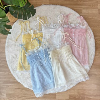 RIKO TOP เสื้อสายเดี่ยวผูกไหล่น่ารัก แต่งลูกไม้ ผ้าซีทรู เสื…