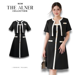 Thealner-AN305 (เดรสดำแต่งแถบขาว+เสื้อแขนสั้น)