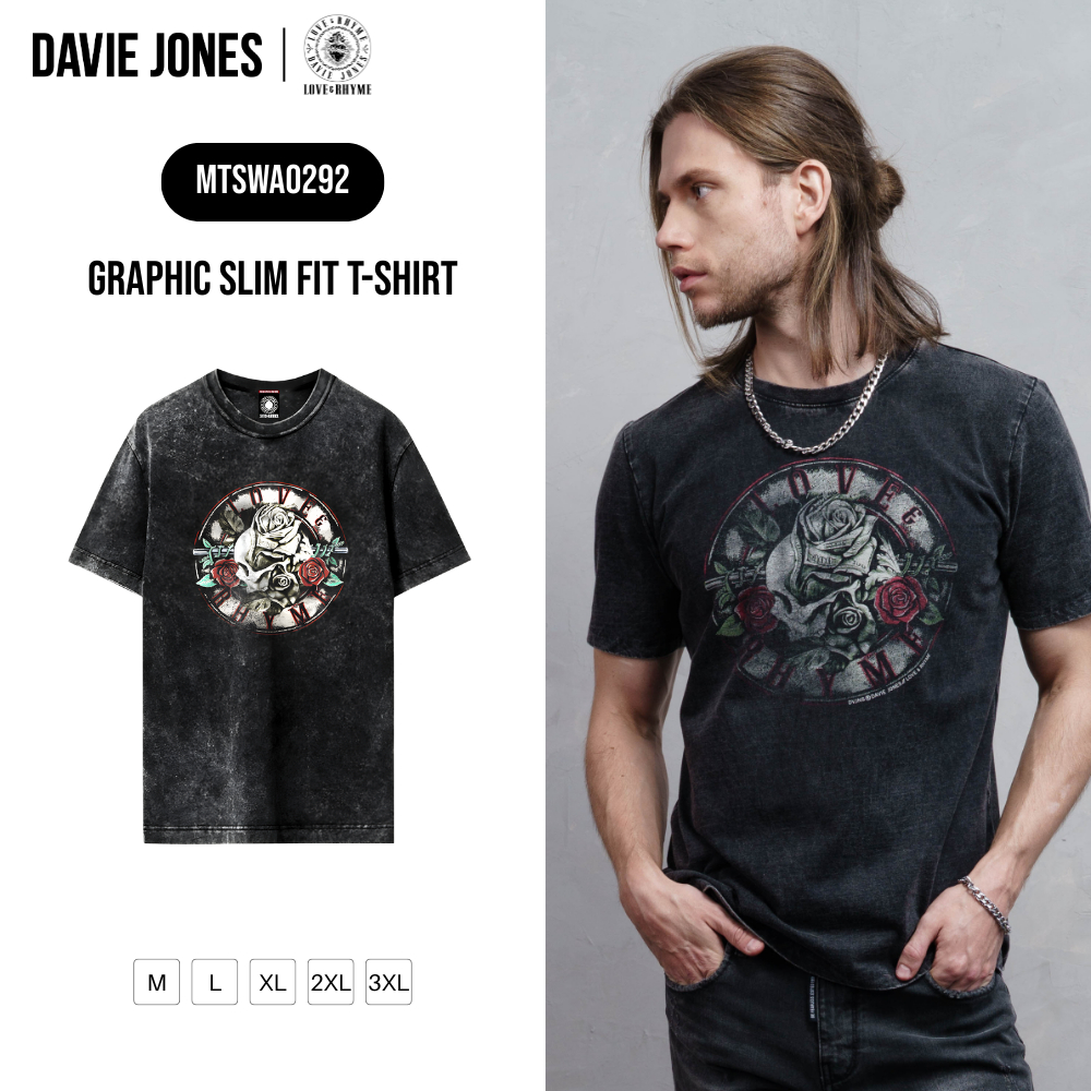 DAVIE JONES [LOVE & RHYME] เสื้อยืดผู้ชาย Graphic Slim Fit T-Shirt สีดำฟอก WA0292