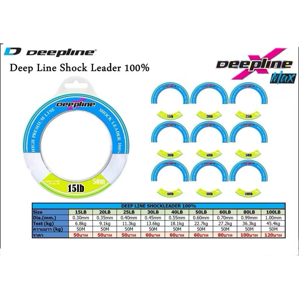 สายช็อคลีดเดอร์ Deepline Shock Leader 100% แท้ ความยาว 50 เมตร  สายลีดเดอร์คุณภาพสูงจากแบรนด์ Deepline