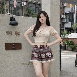 COM027 TARA Pants กางเกงช้าง ขาสั้น แต่งพู่กระดิ่งที่ปลายขา เอวยางยืด ผ้าไหมอิตาลี ไม่ขาดง่าย ใส่สบาย ลายช้างไม่กลับหัว