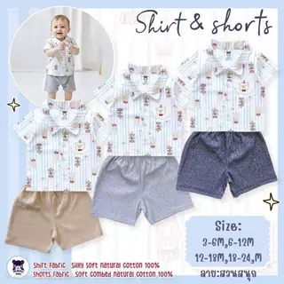 𝗠𝗮𝗺𝗶 𝗯𝗮𝗯𝘆 เสื้อเชิ้ต พิมพ์ลาย + กางเกงขาสั้น 3เดือน-3ขวบ