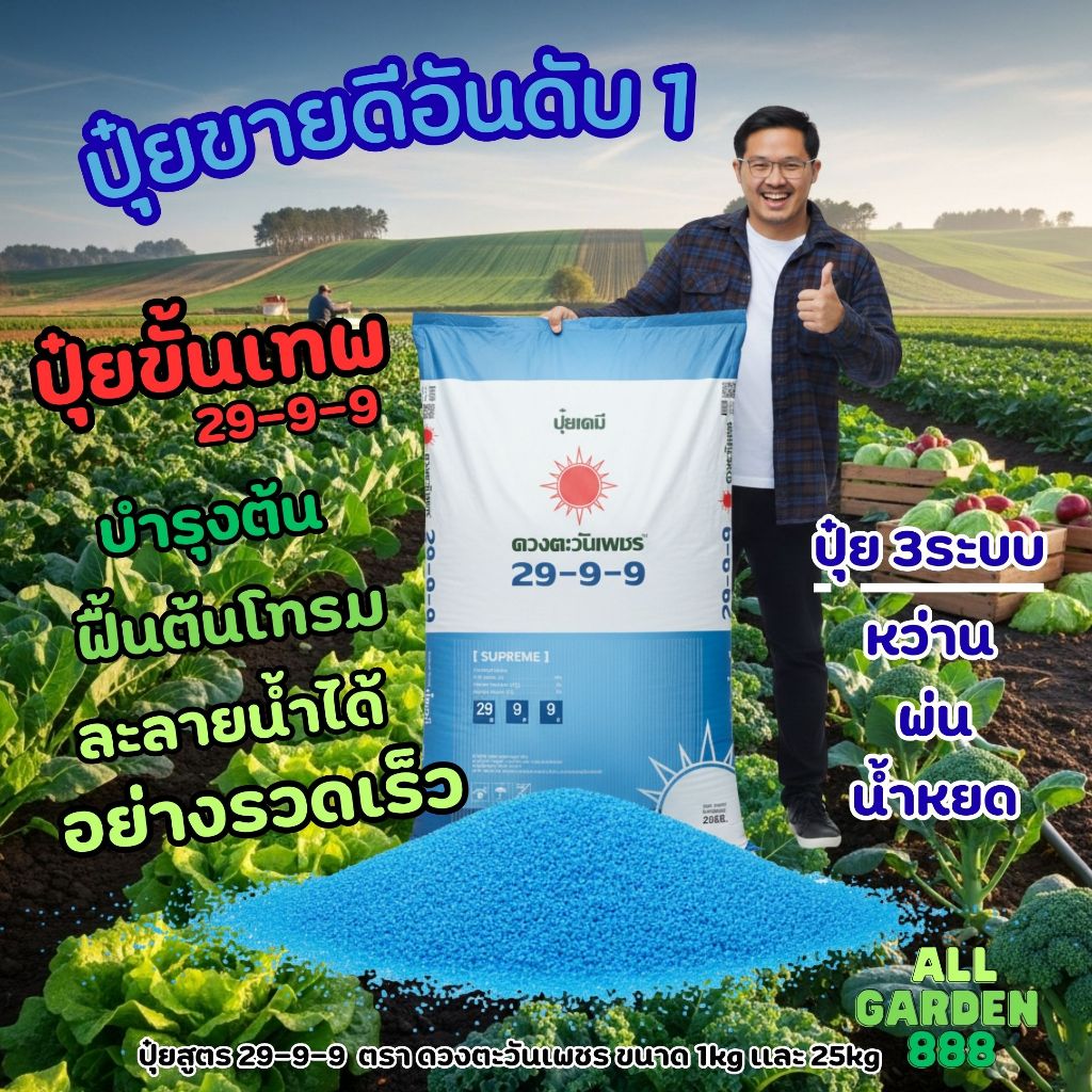ปุ๋ย 29-9-9 ดวงตะวันเพชร ไนโตรเจนสูง บำรุงใบ เร่งโต ละลายน้ำได้ ฝักสวนครัว ไม้ผล ไม้ประดับ กระสอบ 25