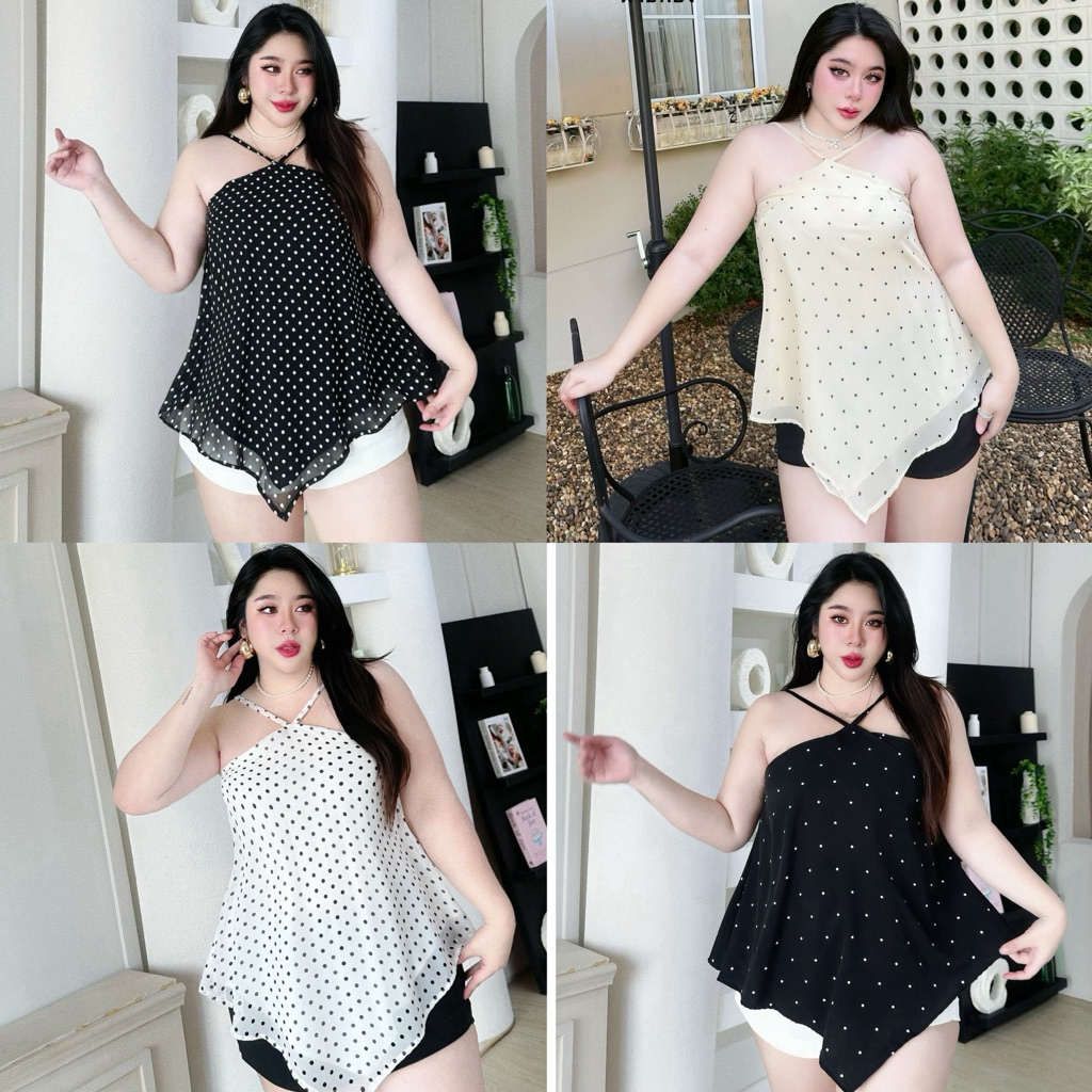 สายเดี่ยวไฮโซทรงวี ลายPolka Dots ตัวยาว เรียบหรูดูแพงมาก สาวอวบ ไซส์ใหญ่ อก40-52นิ้ว