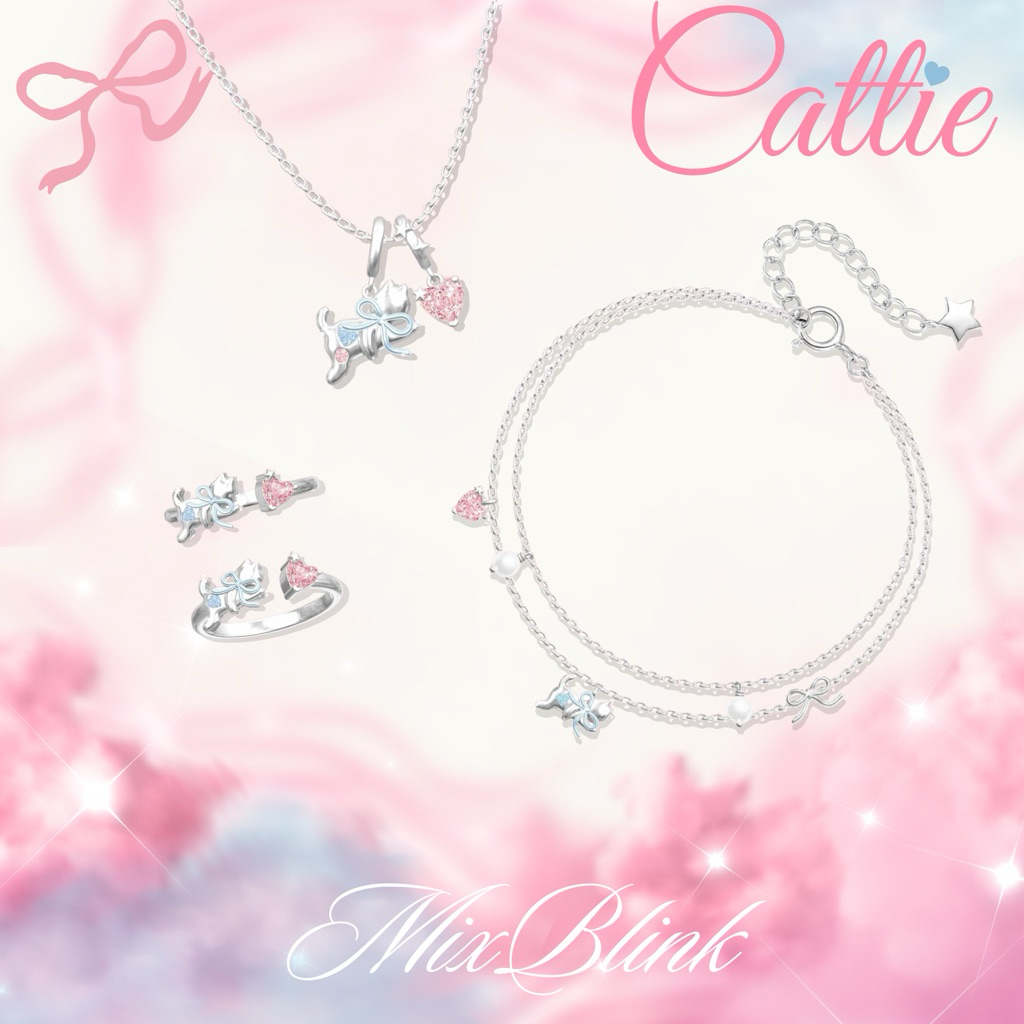 เซ็ท สร้อยคอ สร้อยข้อมือ แหวน เงินแท้ 92.5% ส่งฟรี EMS ♡ รุ่น Cattie ♡ - แมว หัวใจ ชมพู ฟ้า โบว์ น่ารัก MixBlink