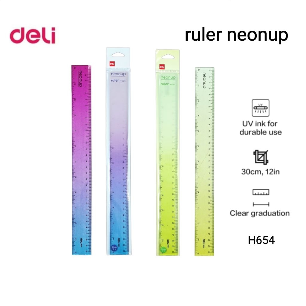 Deli ไม้บรรทัดพลาสติกแข็ง 30 ซม. No.H654 รุ่น neonup (ราคาต่อ 1 ชิ้น / คละสี)