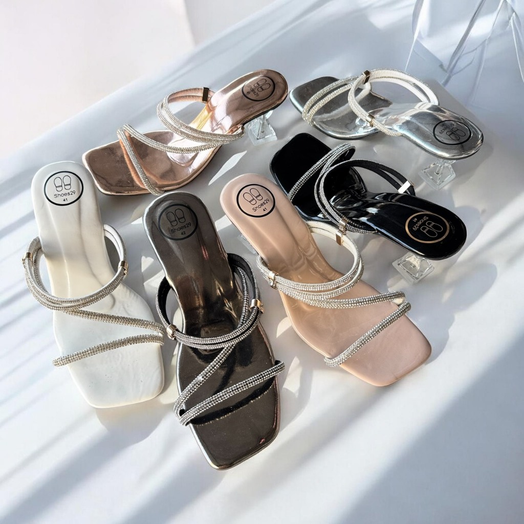 (Size 41-48) รองเท้าส้นแชมเปญรูปหัวใจ สูง 3 นิ้ว  สวมสายคาดเพชร ใส่ได้2 แบบ  (FH-000) รองเท้าติดแกรม สวย เท่ห์ ดูแพง
