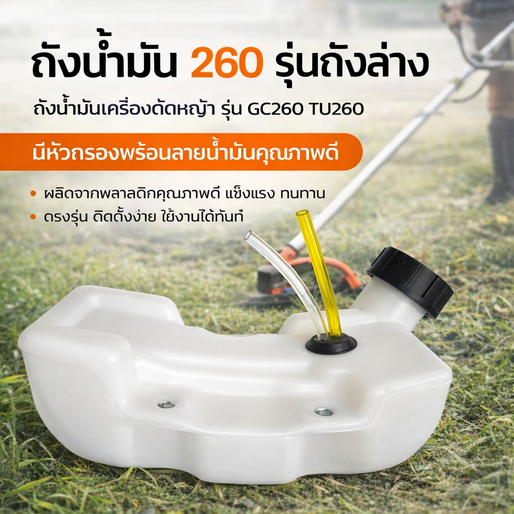 ถังน้ำมัน 260 ถังน้ำมันเครื่องตัดหญ้า รุ่น GC260 TU260 พลาสติกหนา มีหัวกรองพร้อมสายน้ำมันอย่างดี ( รุ่นถังล่าง )