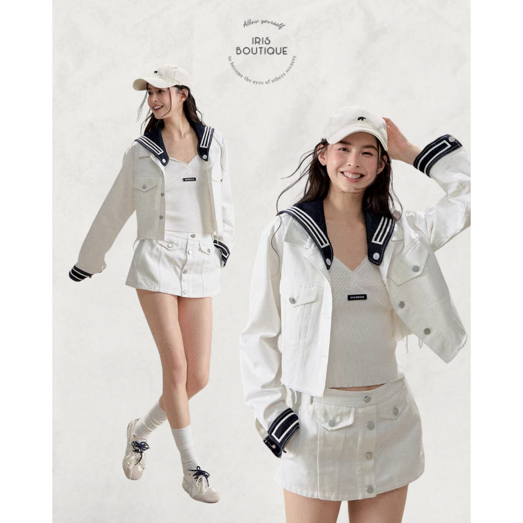 IRIS BOUTIQUE 26ss  IJ3678-IK3678 Sailor Crop Jeans Jacket เซ็ตแจ็คเก็ตปกเซ