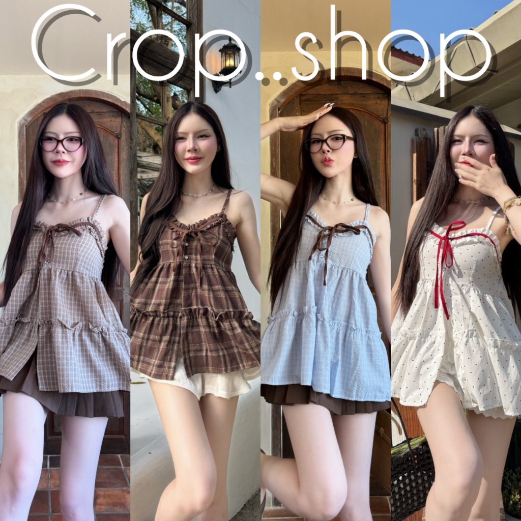crop..shop เสื้อสายเดี่ยว ลายจุด เเต่งริบบิ้นสีเเดง สวยใส ใส่สบาย สไตล์คุณหนูสุดๆ ลมุนมากก