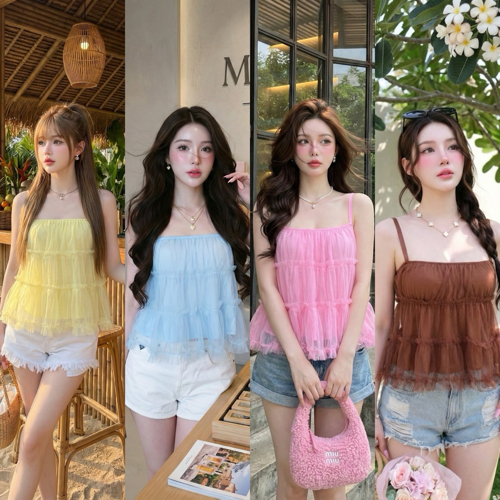 Teera❤️พร้อมส่ง✨เสื้อสายเดี่ยว ผ้ามุ้งผสมชีฟอง🌸ปรับสายได้ ดีเทลฟูๆชายเสื้อ งานจริงสีสดใส น่ารักมากก💕🌈goodluck