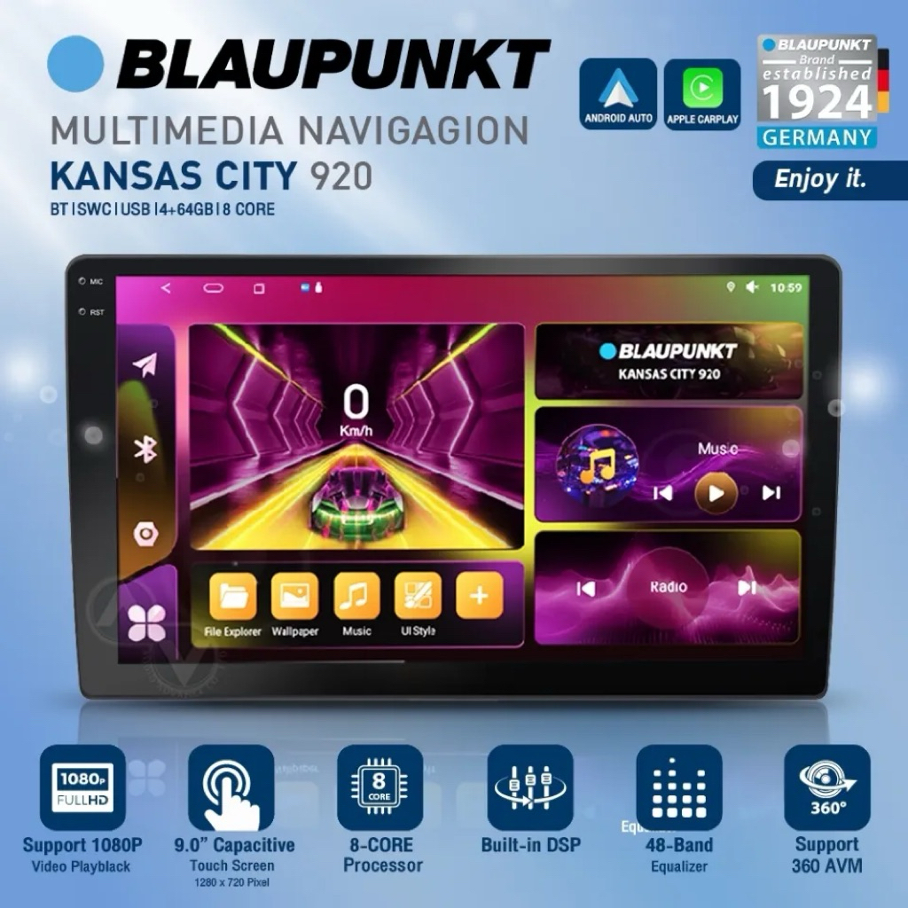 จอแอนดรอยด์BLAUPUNKTขนาด 9 นิ้ว KANSAS CITY 920 ความละเอียด 1280 x 720 Pixcel RAM4 ROM64 8core