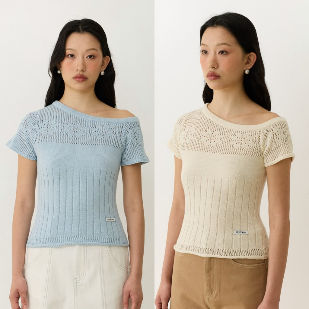 Camille Knit Top [พร้อมส่ง] เสื้อไหมพรมปาดไหล่แขนสั้น ทอฉลุโลโก้แบรนด์