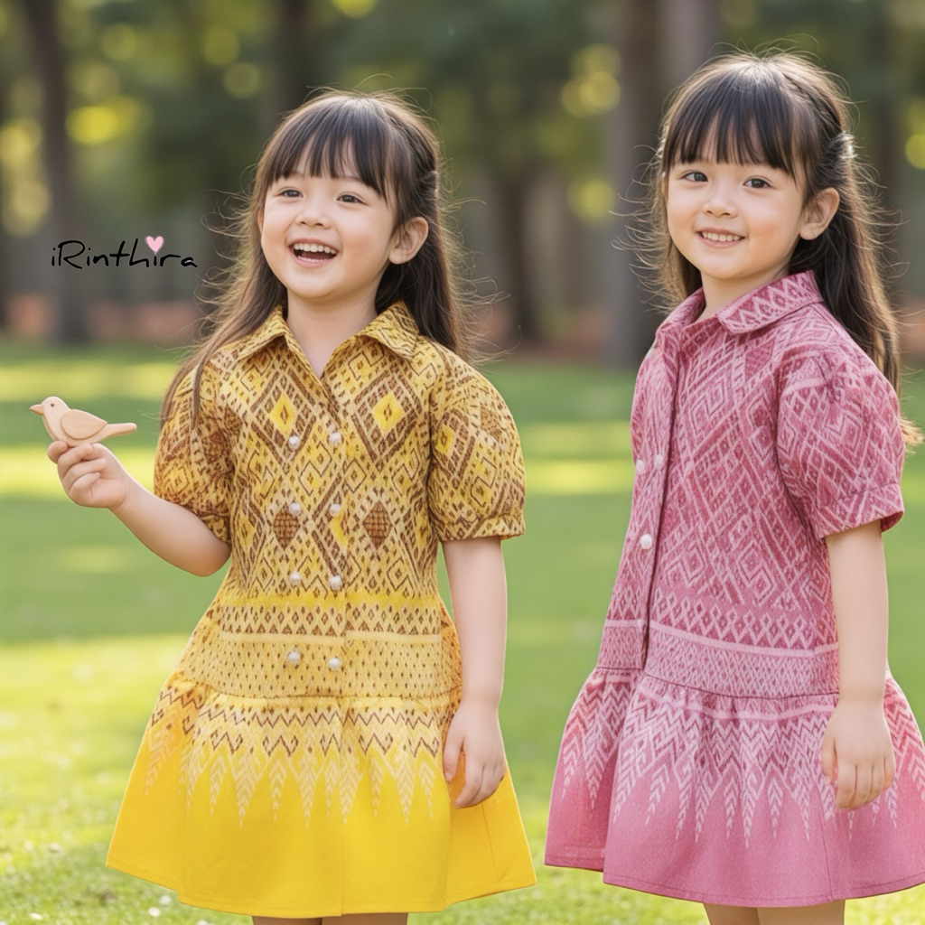 ชุดไทยเด็กผ้าฝ้าย ตกแต่งมุก+กระดุมแป๊กด้านหน้า ด้านหลังมีสายผูกเอวสวย