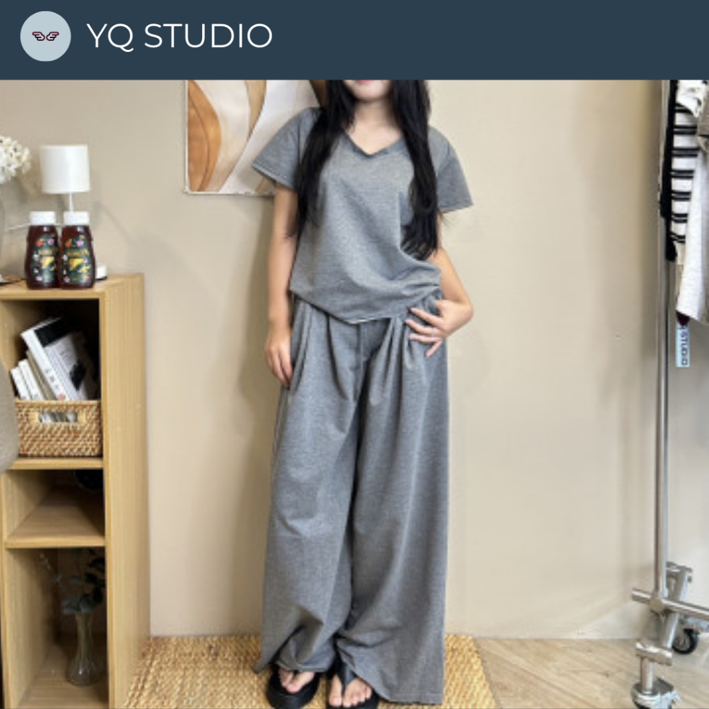 MG889 YQ KOREAN SHOP Inner Set  ชุดเซ็ทเสื้อคอวี+กก.ขายาวสีเทา ป้ายYQ