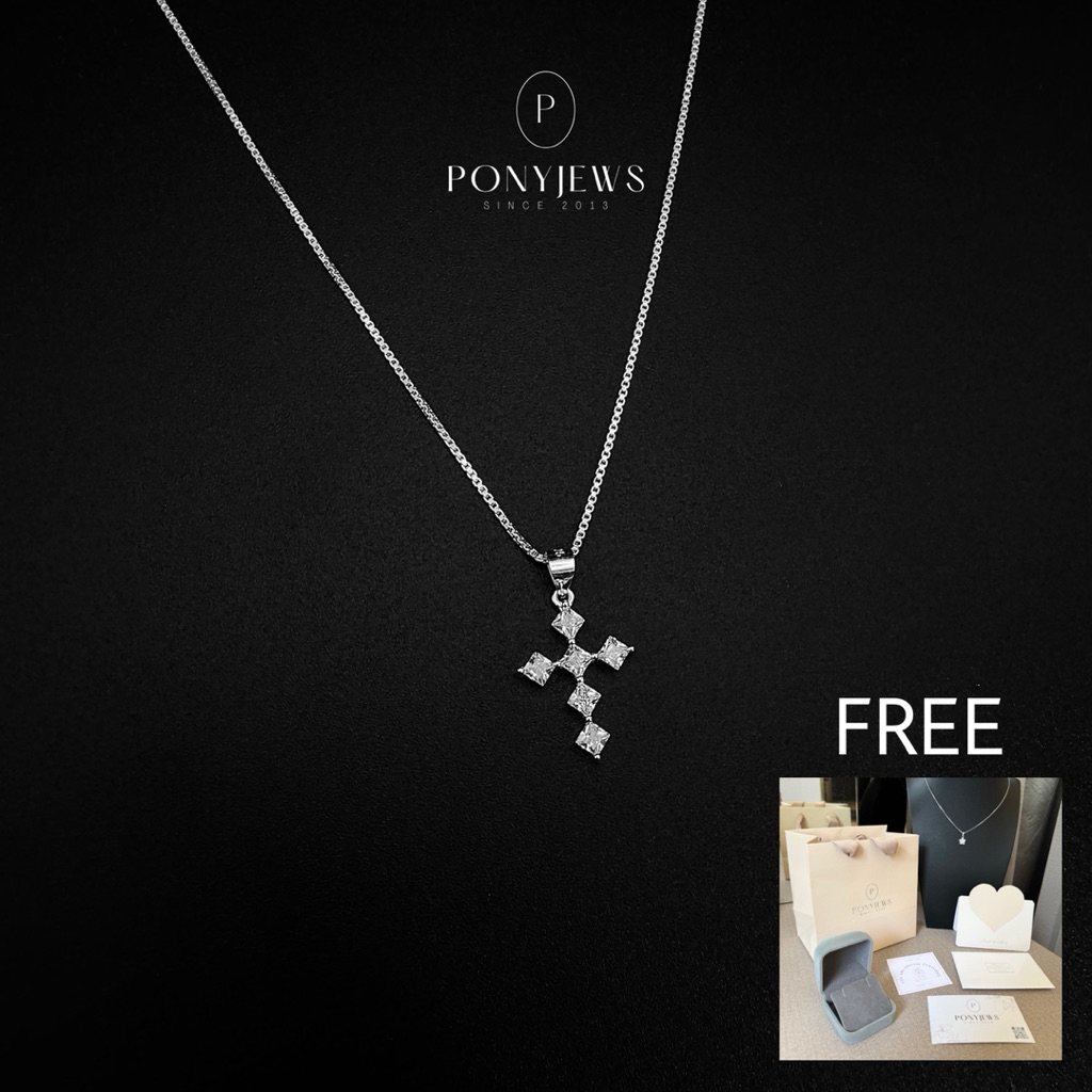 สร้อยคอเงินแท้ 92.5 พร้อมจี้รูปไม้กางเขน  Cross of love ฝังเพชรสวิสเหลี่ยม H&A เคลือบทองคำขาว 18 k แ