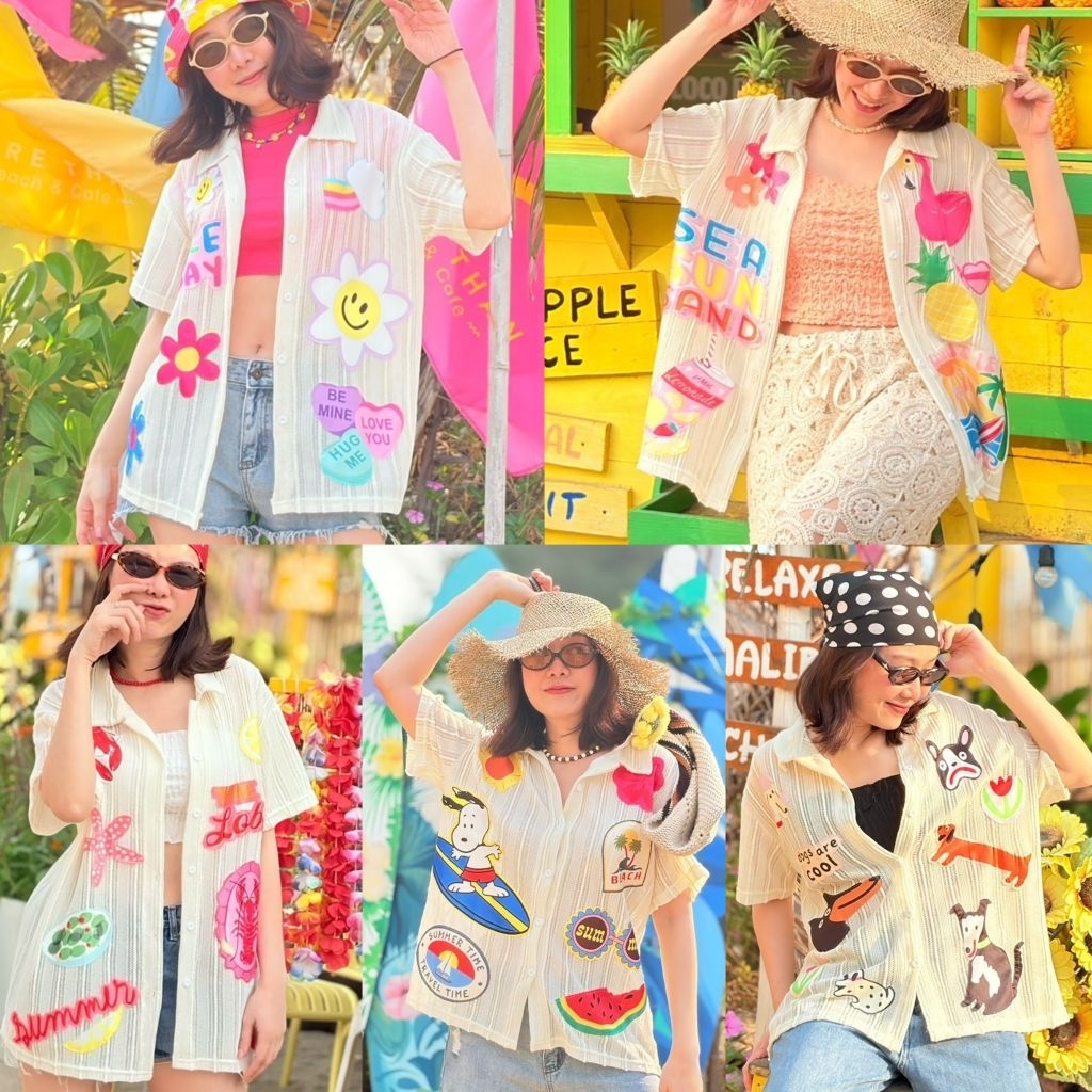 เสื้อเชิ้ตแขนสั้นผ้าถักลายโปร่ง ป้าย Qcumber