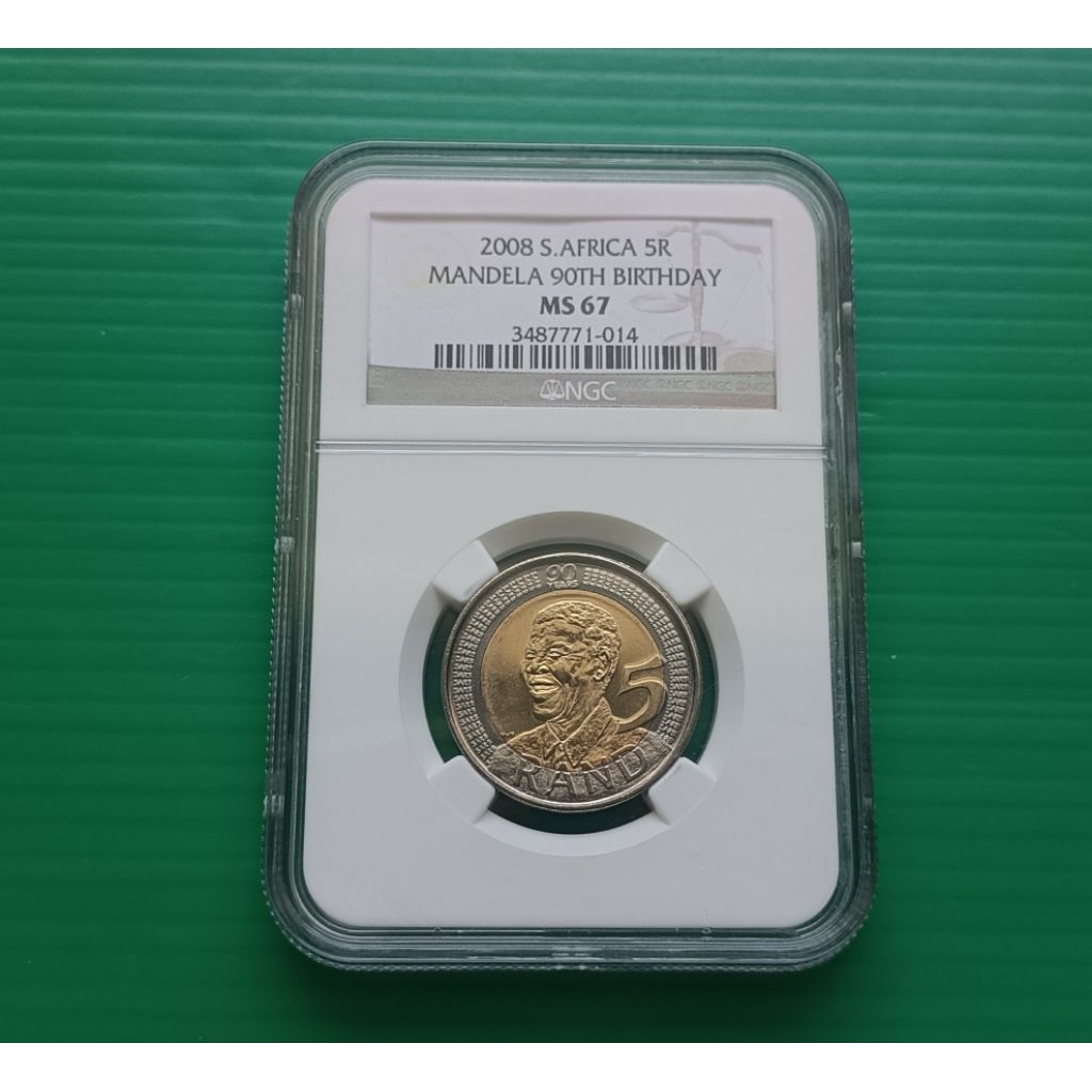 เหรียญเกรด NGC MS67 -South Africa Mandela 90th Birthday 5 Rand 2008