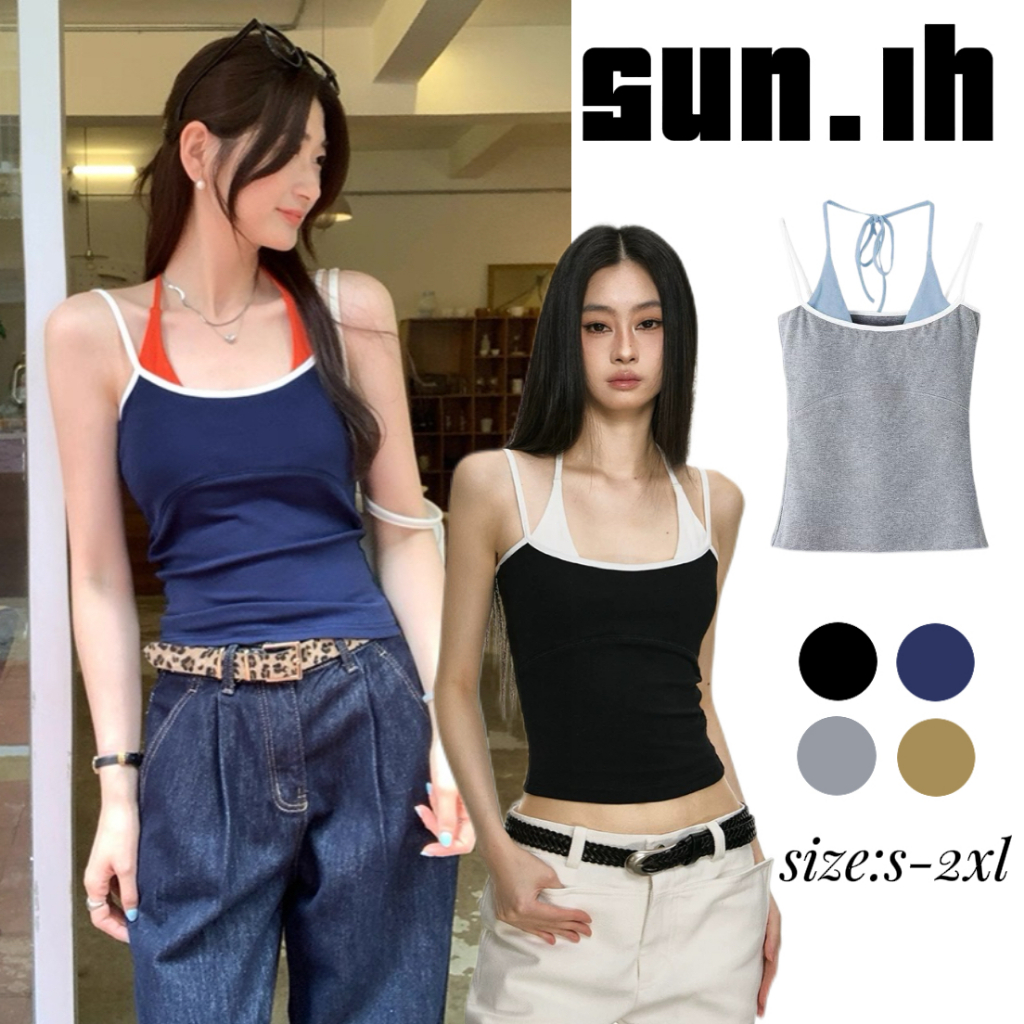 SUN🛍️พร้อมส่ง🛍️ปลอมสองชิ้นสาวร้อนเสื้อชั้นในสตรีคอเชือกแขวนคอของผู้หญิงในช่วงฤดูร้อนที่สวยงามกลับด้านบนด้านนอกลดความอ้วน