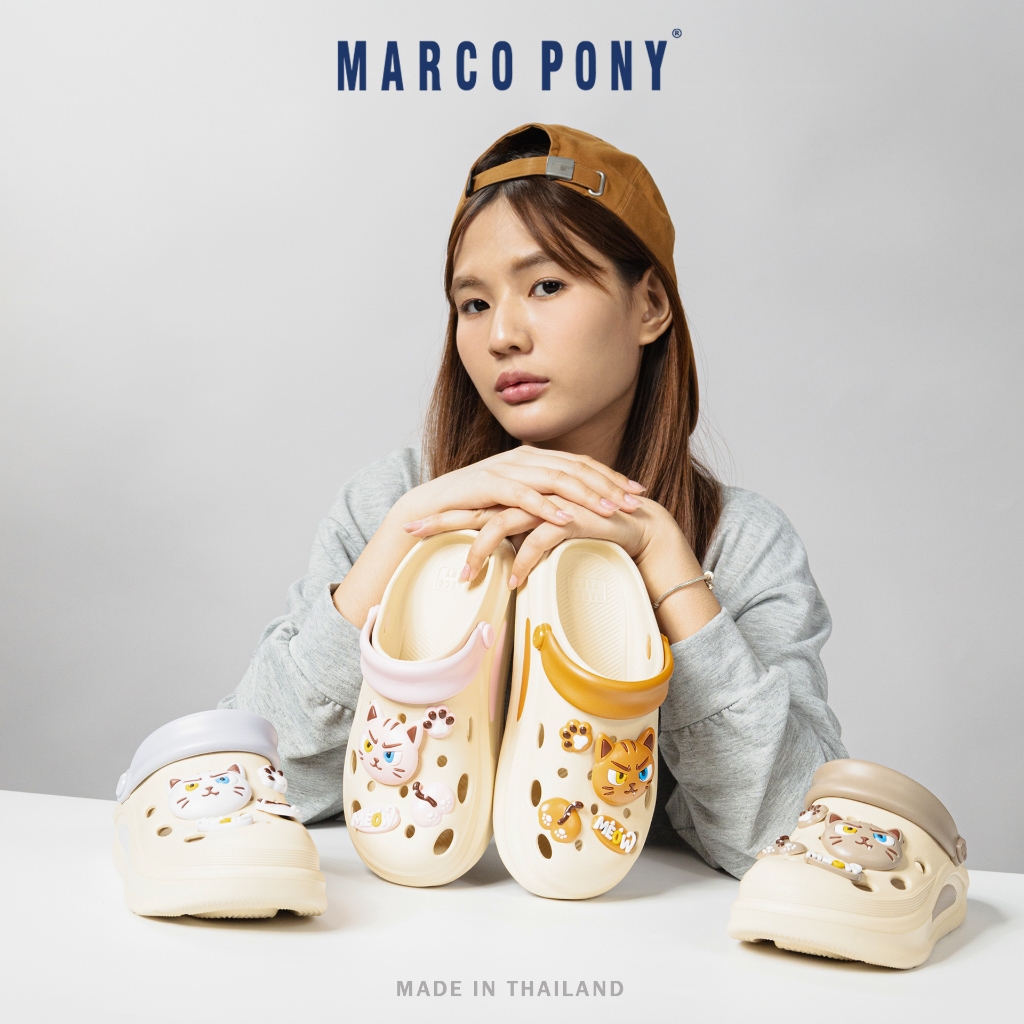 Marco Pony รองเท้าหัวโต ลายแมวเหมียวสุดกวน ใส่สบาย สไตล์เกาหลี พร้อมตัวการ์ตูน Meow สุดน่ารัก MH9039