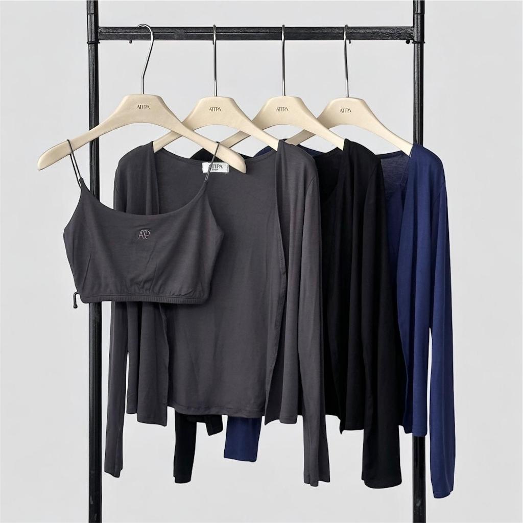Atipashop - Barecrest Layer Set - เซต 2 ชิ้น เสื้อสายเดี่ยว+เสื้อคลุม ผ้าเรย่อน ยืดเยอะ ใส่สบาย